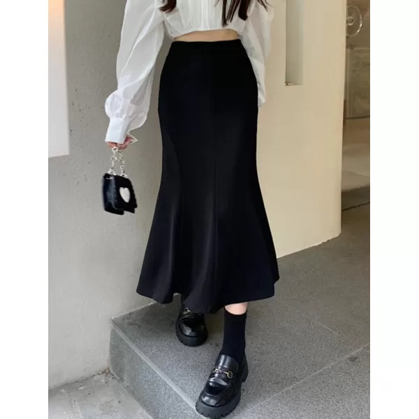 IDEALSANXUN Mermaid Maxi Skirt for Women Pleated Wrap High Waisted Bodycon Fishtail Fall Winter Ruffle SkirtBlack