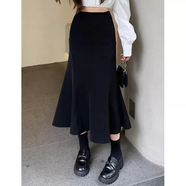 IDEALSANXUN Mermaid Maxi Skirt for Women Pleated Wrap High Waisted Bodycon Fishtail Fall Winter Ruffle SkirtBlack