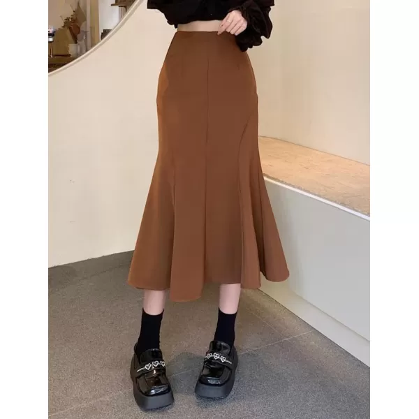 IDEALSANXUN Mermaid Maxi Skirt for Women Pleated Wrap High Waisted Bodycon Fishtail Fall Winter Ruffle SkirtDark Brown