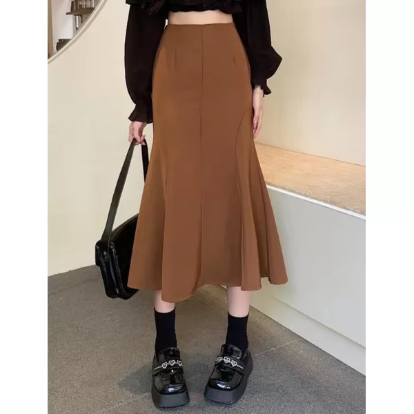 IDEALSANXUN Mermaid Maxi Skirt for Women Pleated Wrap High Waisted Bodycon Fishtail Fall Winter Ruffle SkirtDark Brown