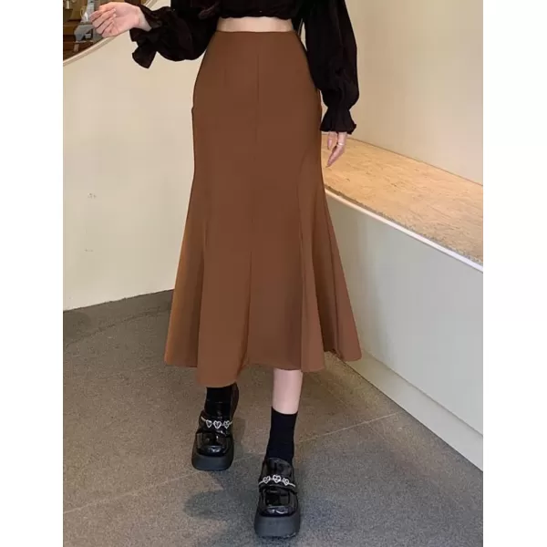 IDEALSANXUN Mermaid Maxi Skirt for Women Pleated Wrap High Waisted Bodycon Fishtail Fall Winter Ruffle SkirtDark Brown