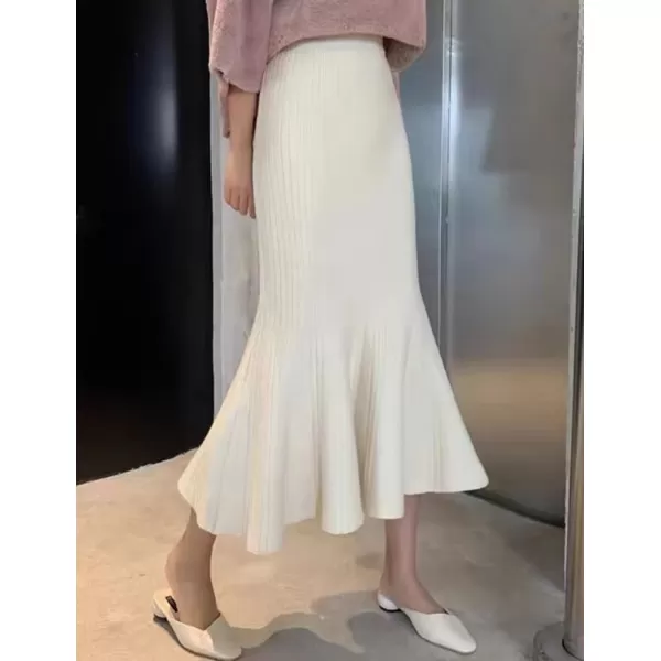 IDEALSANXUN Mermaid Maxi Skirt for Women Wrap Ruffle Flowy High Waisted Fall Winter 2023 Ribbed Knit Long SkirtBeige