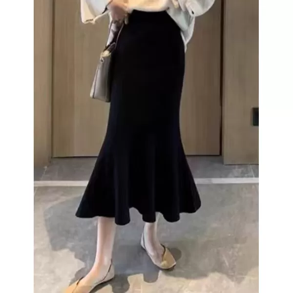 IDEALSANXUN Mermaid Maxi Skirt for Women Wrap Ruffle Flowy High Waisted Fall Winter 2023 Ribbed Knit Long SkirtBlack