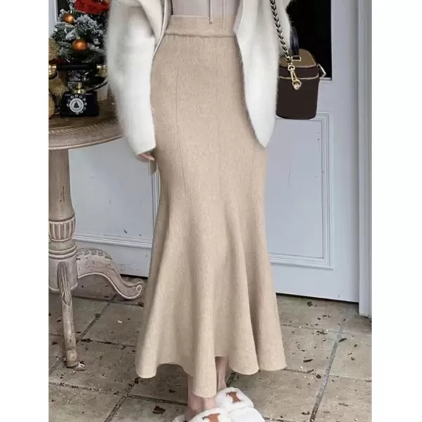 IDEALSANXUN Mermaid Midi Skirt for Women High Waisted A Line Ruffle Bodycon Fall Winter 2023 Trendy Knit SkirtKhaki