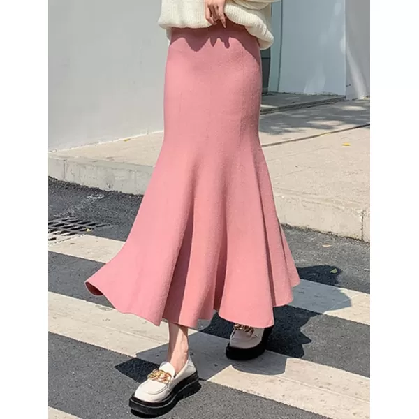 IDEALSANXUN Mermaid Midi Skirt for Women High Waisted A Line Ruffle Bodycon Fall Winter 2023 Trendy Knit SkirtPink