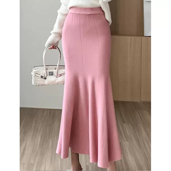 IDEALSANXUN Mermaid Midi Skirt for Women High Waisted A Line Ruffle Bodycon Fall Winter 2023 Trendy Knit SkirtPink