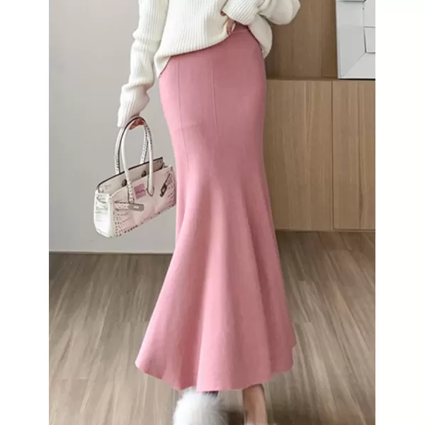 IDEALSANXUN Mermaid Midi Skirt for Women High Waisted A Line Ruffle Bodycon Fall Winter 2023 Trendy Knit SkirtPink