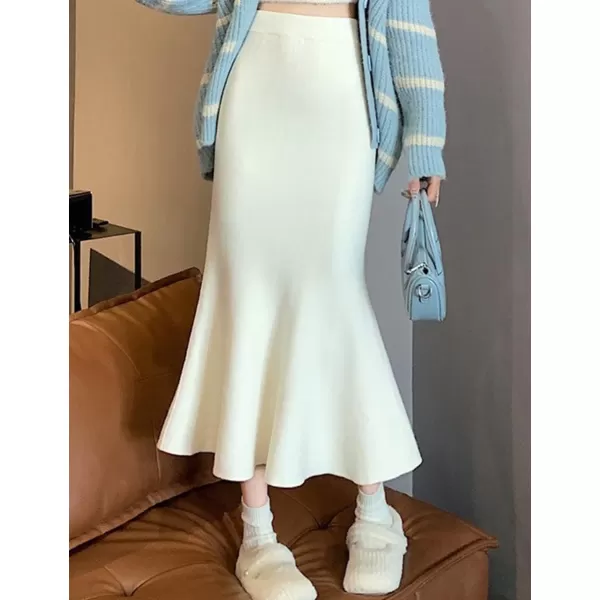 IDEALSANXUN Mermaid Midi Skirt for Women High Waisted A Line Ruffle Bodycon Fall Winter 2023 Trendy Knit SkirtWhite