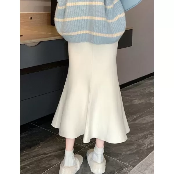 IDEALSANXUN Mermaid Midi Skirt for Women High Waisted A Line Ruffle Bodycon Fall Winter 2023 Trendy Knit SkirtWhite