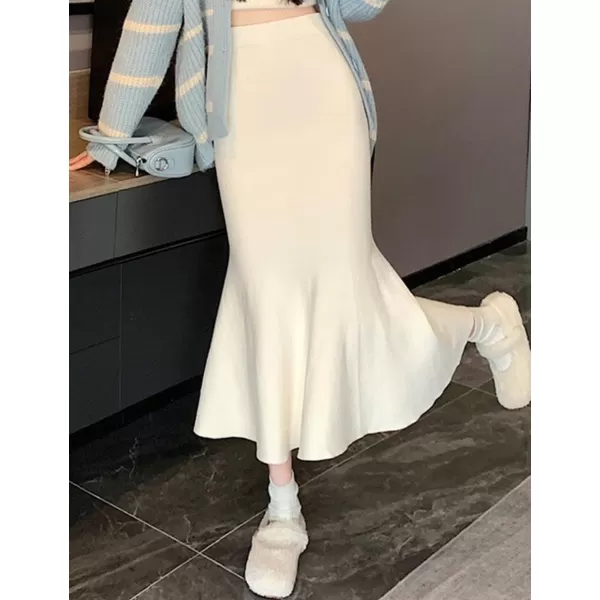 IDEALSANXUN Mermaid Midi Skirt for Women High Waisted A Line Ruffle Bodycon Fall Winter 2023 Trendy Knit SkirtWhite