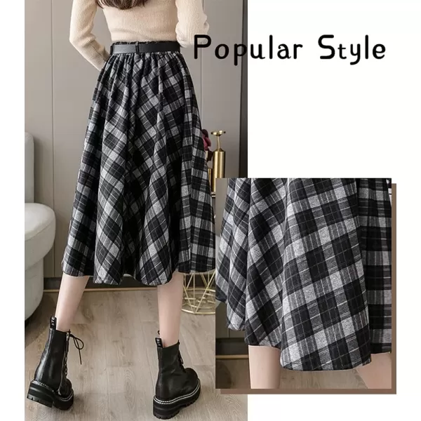 IDEALSANXUN Midi Plaid Skirts for Womens High Waist Pleated SkirtsBlack