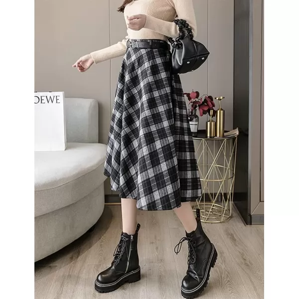 IDEALSANXUN Midi Plaid Skirts for Womens High Waist Pleated SkirtsBlack