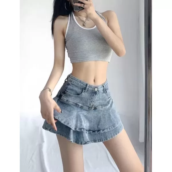 IDEALSANXUN Mini Denim Skirts for Women A Line Layered Ruffle Sexy Short Jean Y2K SkirtBlue