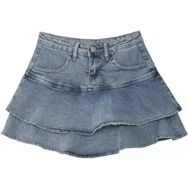 IDEALSANXUN Mini Denim Skirts for Women A Line Layered Ruffle Sexy Short Jean Y2K SkirtBlue