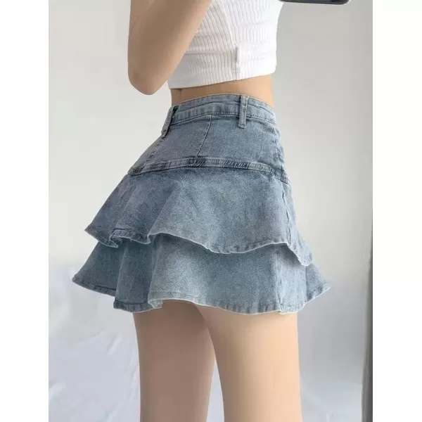 IDEALSANXUN Mini Denim Skirts for Women A Line Layered Ruffle Sexy Short Jean Y2K SkirtBlue