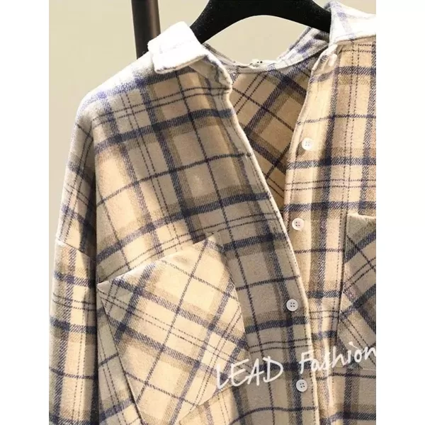 IDEALSANXUN Plaid Fall Shirts for Women 2023 Long Sleeve Shirt Button Down Jacket Casual Wool Jackets Coats with PocketsBeige