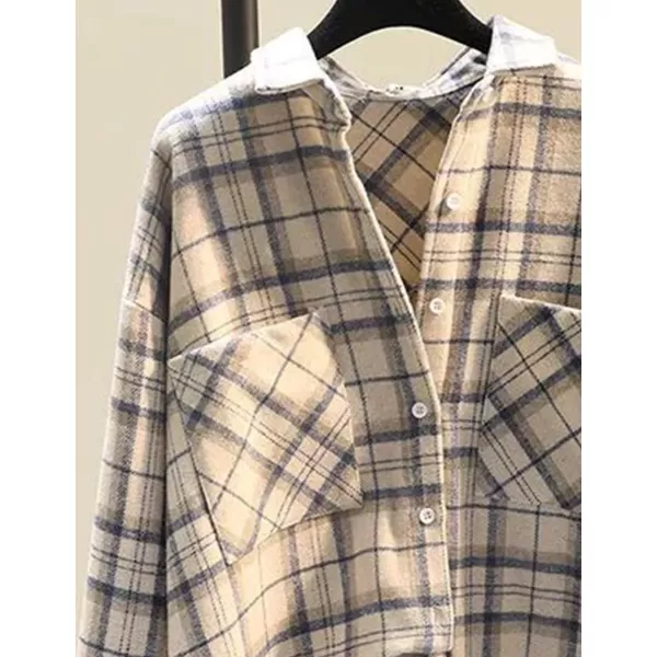 IDEALSANXUN Plaid Fall Shirts for Women 2023 Long Sleeve Shirt Button Down Jacket Casual Wool Jackets Coats with PocketsBeige