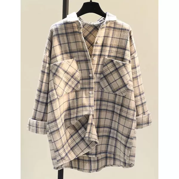 IDEALSANXUN Plaid Fall Shirts for Women 2023 Long Sleeve Shirt Button Down Jacket Casual Wool Jackets Coats with PocketsBeige