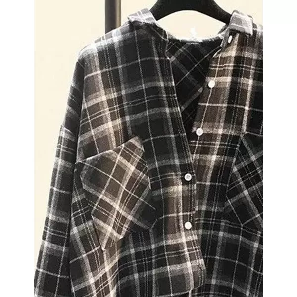 IDEALSANXUN Plaid Fall Shirts for Women 2023 Long Sleeve Shirt Button Down Jacket Casual Wool Jackets Coats with PocketsBlack