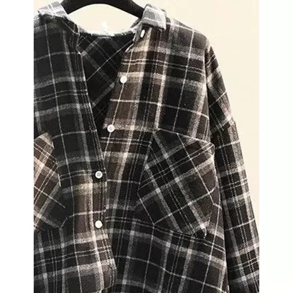 IDEALSANXUN Plaid Fall Shirts for Women 2023 Long Sleeve Shirt Button Down Jacket Casual Wool Jackets Coats with PocketsBlack