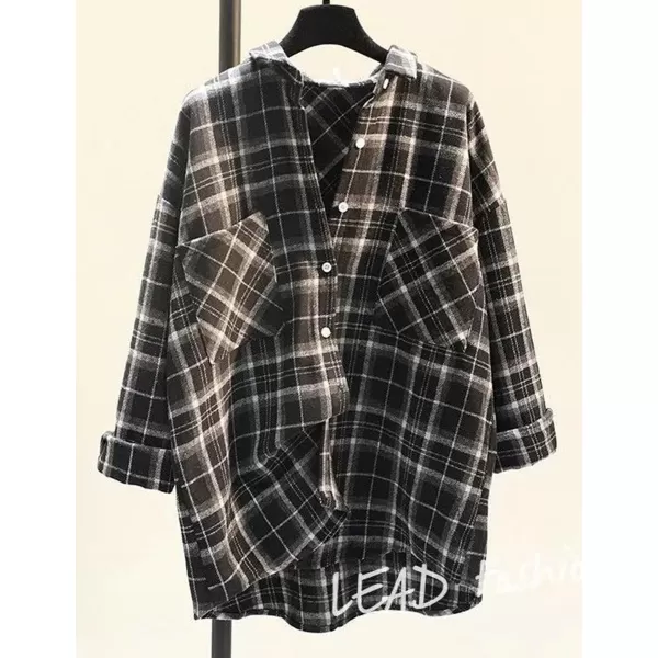 IDEALSANXUN Plaid Fall Shirts for Women 2023 Long Sleeve Shirt Button Down Jacket Casual Wool Jackets Coats with PocketsBlack