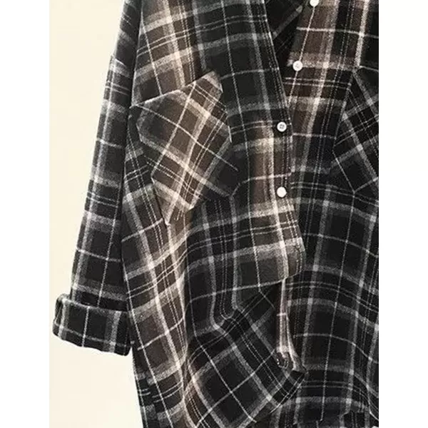 IDEALSANXUN Plaid Fall Shirts for Women 2023 Long Sleeve Shirt Button Down Jacket Casual Wool Jackets Coats with PocketsBlack