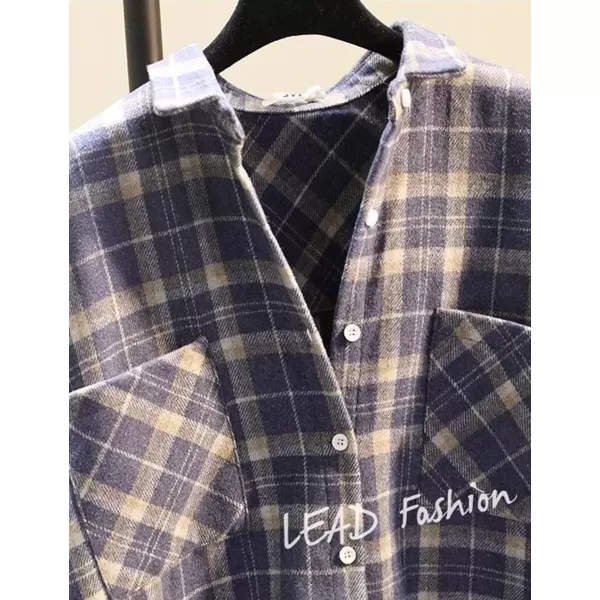 IDEALSANXUN Plaid Fall Shirts for Women 2023 Long Sleeve Shirt Button Down Jacket Casual Wool Jackets Coats with PocketsBlue