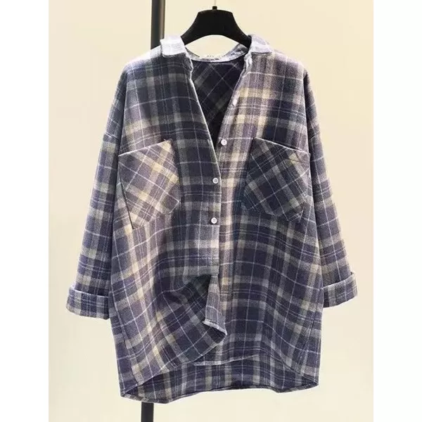 IDEALSANXUN Plaid Fall Shirts for Women 2023 Long Sleeve Shirt Button Down Jacket Casual Wool Jackets Coats with PocketsBlue