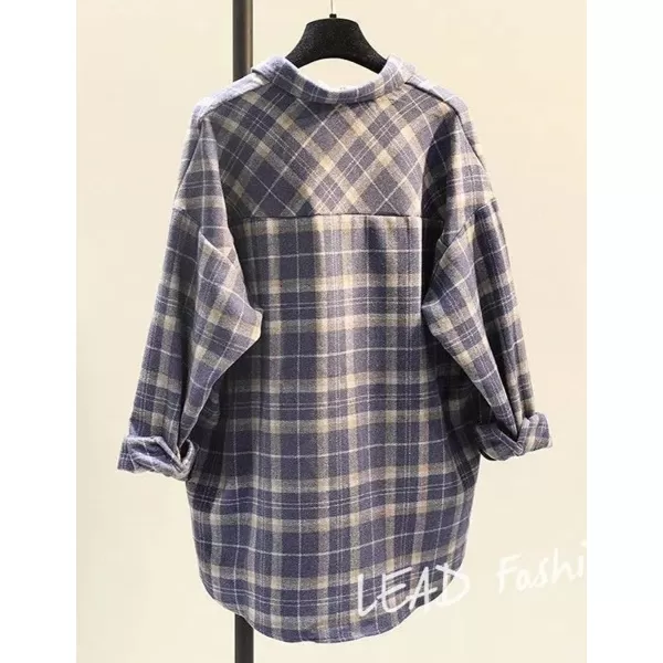 IDEALSANXUN Plaid Fall Shirts for Women 2023 Long Sleeve Shirt Button Down Jacket Casual Wool Jackets Coats with PocketsBlue