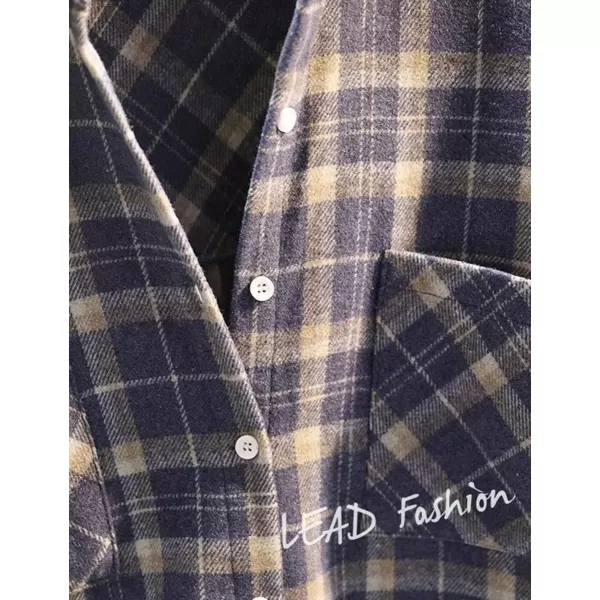 IDEALSANXUN Plaid Fall Shirts for Women 2023 Long Sleeve Shirt Button Down Jacket Casual Wool Jackets Coats with PocketsBlue