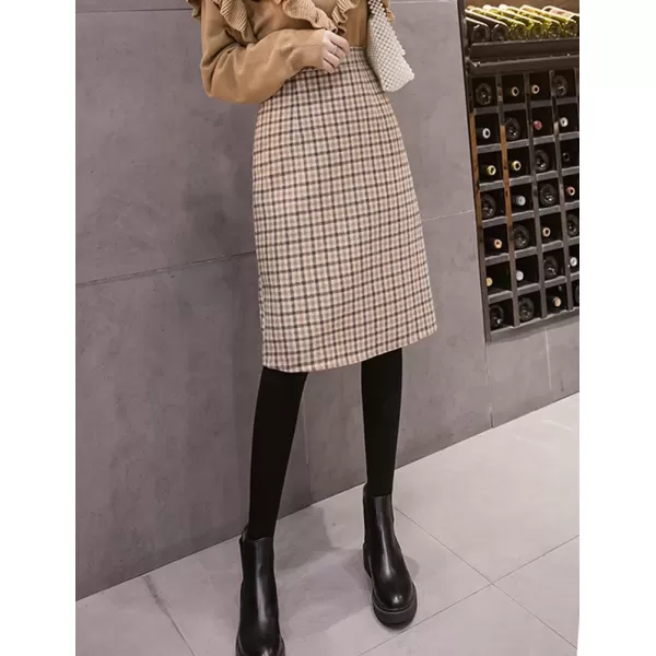 IDEALSANXUN Plaid Midi Skirt for Women High Waisted A Line Pencil Fall Winter SkirtKhaki