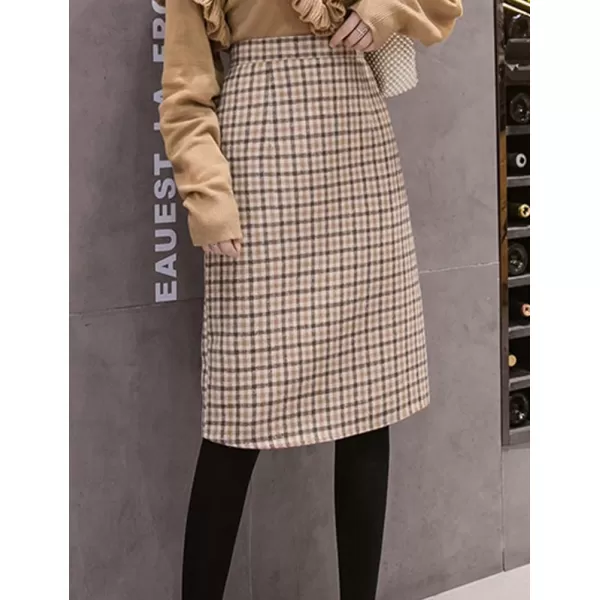 IDEALSANXUN Plaid Midi Skirt for Women High Waisted A Line Pencil Fall Winter SkirtKhaki