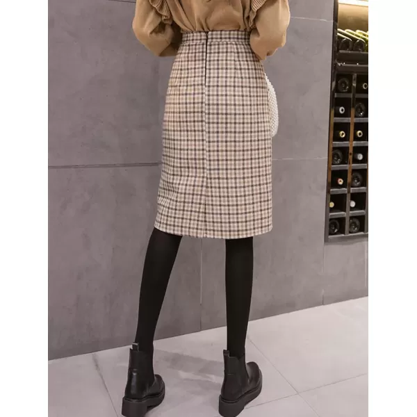 IDEALSANXUN Plaid Midi Skirt for Women High Waisted A Line Pencil Fall Winter SkirtKhaki