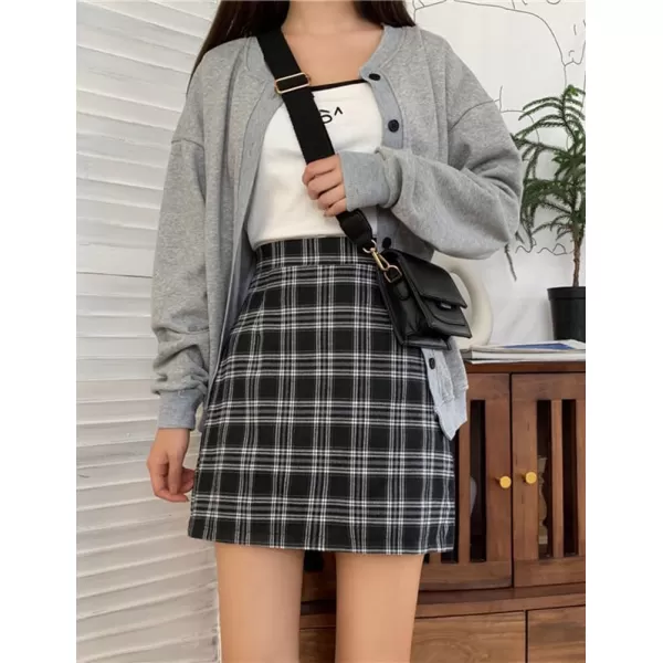 IDEALSANXUN Plaid Mini Skirt for Women High Wisted A Line Fall Winter 2023 Short SkirtBlack