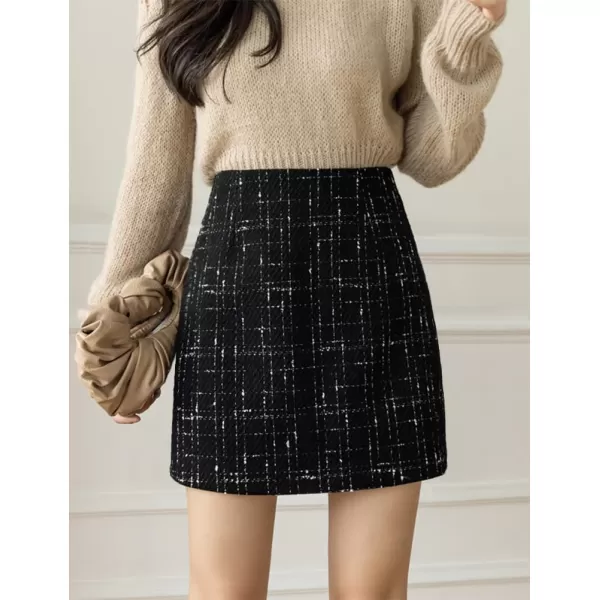 IDEALSANXUN Plaid Mini Skirts for Women Fall Winter High Waisted Short Bodycon Tweed SkirtsBlack