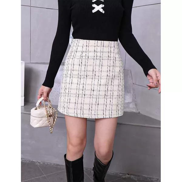 IDEALSANXUN Plaid Mini Skirts for Women Fall Winter High Waisted Short Bodycon Tweed SkirtsWhite