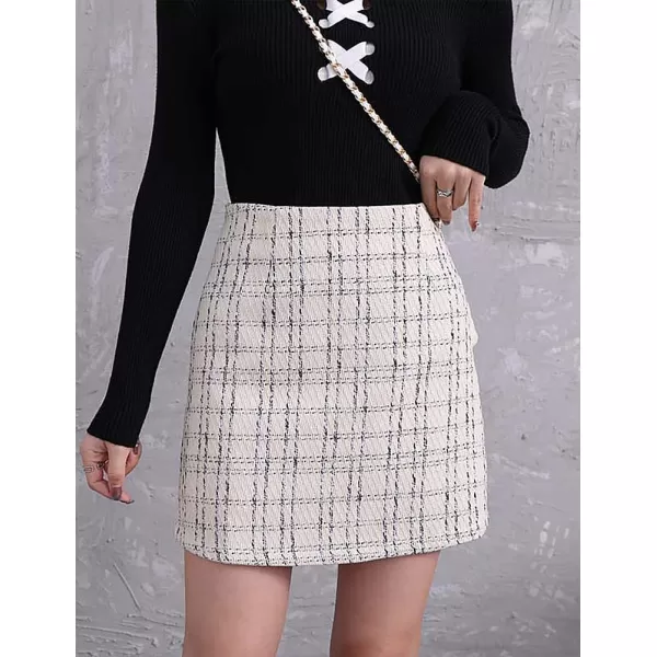 IDEALSANXUN Plaid Mini Skirts for Women Fall Winter High Waisted Short Bodycon Tweed SkirtsWhite