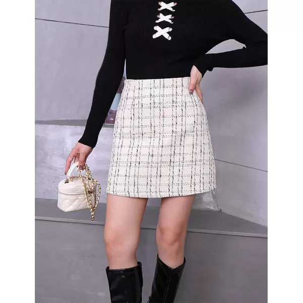 IDEALSANXUN Plaid Mini Skirts for Women Fall Winter High Waisted Short Bodycon Tweed SkirtsWhite