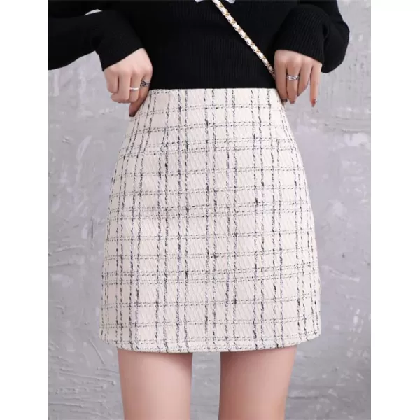 IDEALSANXUN Plaid Mini Skirts for Women Fall Winter High Waisted Short Bodycon Tweed SkirtsWhite