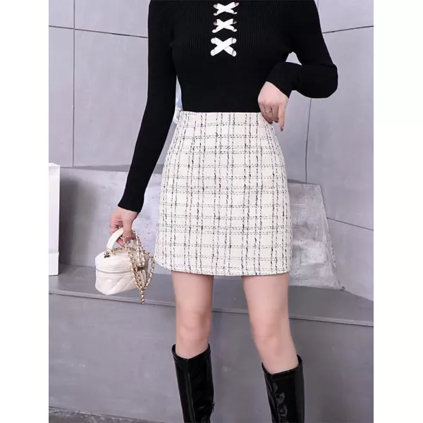 IDEALSANXUN Plaid Mini Skirts for Women Fall Winter High Waisted Short Bodycon Tweed SkirtsWhite