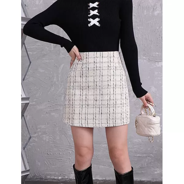 IDEALSANXUN Plaid Mini Skirts for Women Fall Winter High Waisted Short Bodycon Tweed SkirtsWhite