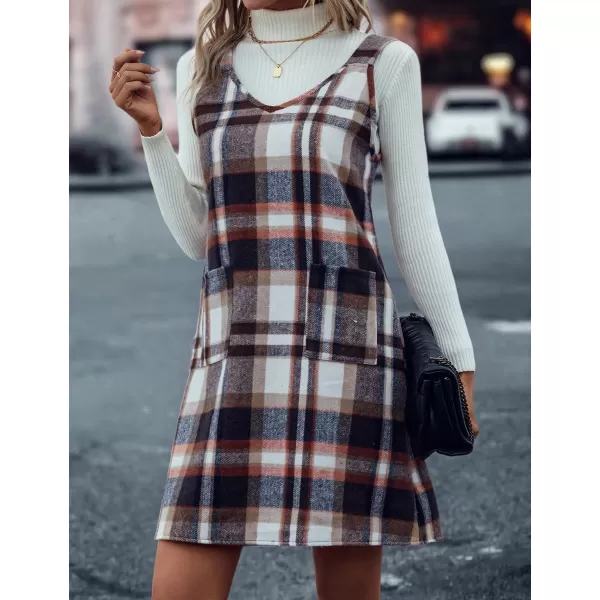 IDEALSANXUN Plaid Overall Dress for Women 2023 Fall Winter Sleeveless Plaid Dresses with PocketsBrown