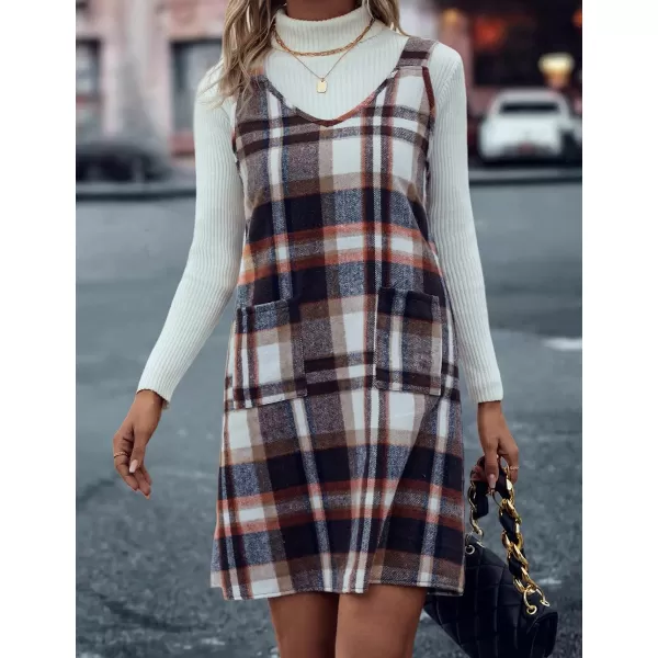 IDEALSANXUN Plaid Overall Dress for Women 2023 Fall Winter Sleeveless Plaid Dresses with PocketsBrown