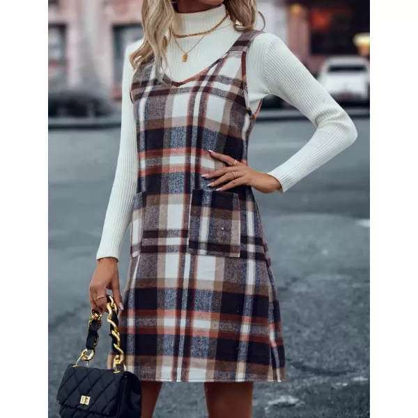 IDEALSANXUN Plaid Overall Dress for Women 2023 Fall Winter Sleeveless Plaid Dresses with PocketsBrown