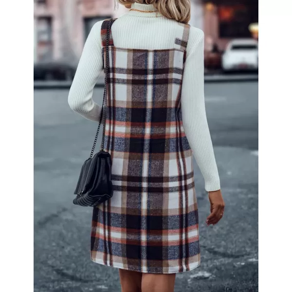IDEALSANXUN Plaid Overall Dress for Women 2023 Fall Winter Sleeveless Plaid Dresses with PocketsBrown