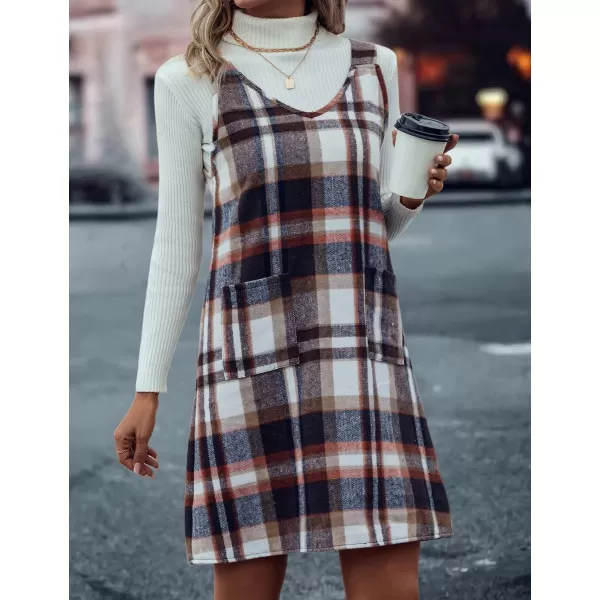 IDEALSANXUN Plaid Overall Dress for Women 2023 Fall Winter Sleeveless Plaid Dresses with PocketsBrown
