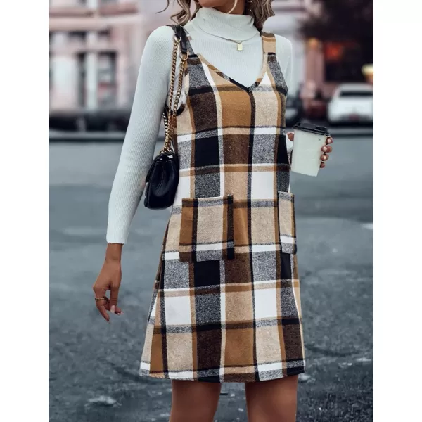 IDEALSANXUN Plaid Overall Dress for Women 2023 Fall Winter Sleeveless Plaid Dresses with PocketsBrown New