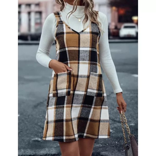 IDEALSANXUN Plaid Overall Dress for Women 2023 Fall Winter Sleeveless Plaid Dresses with PocketsBrown New