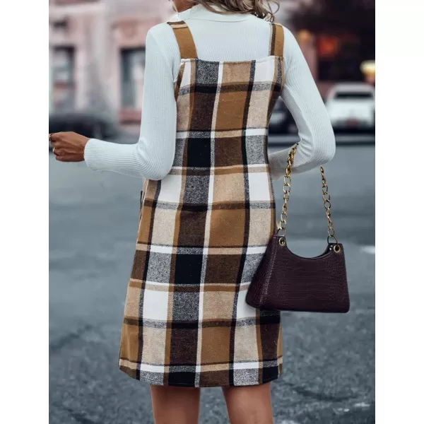 IDEALSANXUN Plaid Overall Dress for Women 2023 Fall Winter Sleeveless Plaid Dresses with PocketsBrown New