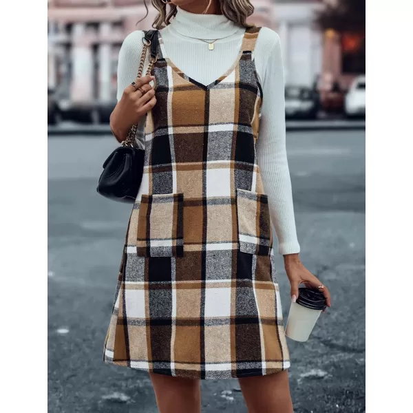 IDEALSANXUN Plaid Overall Dress for Women 2023 Fall Winter Sleeveless Plaid Dresses with PocketsBrown New